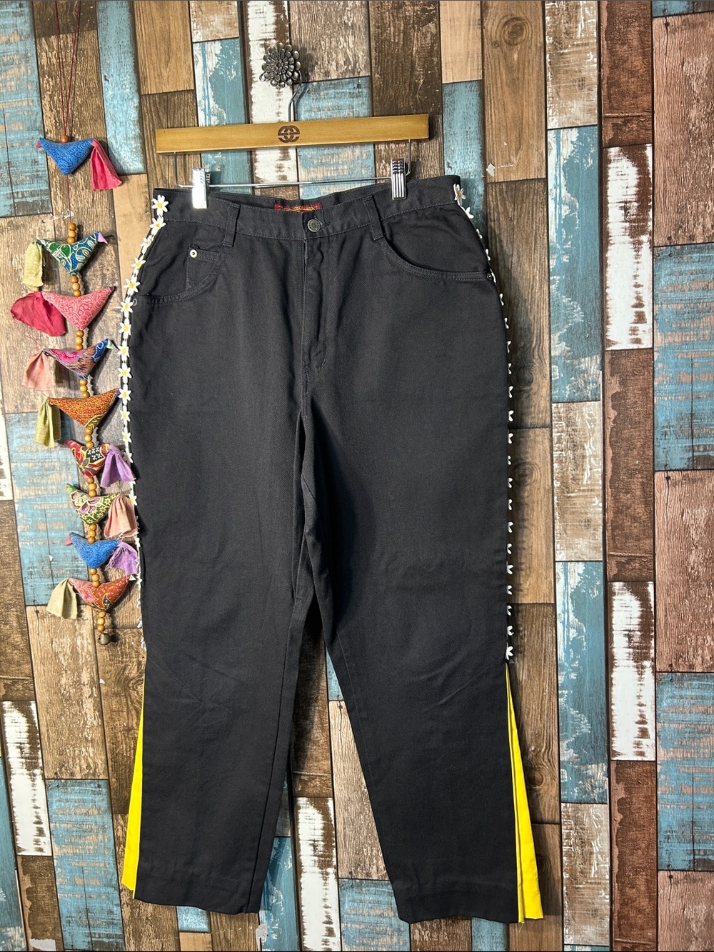 bonjour vintage Daisy patchwork black flare jeans